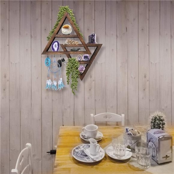 Moon Phase Triangle Shelf with Hooks -Moon Shelf for Crystal Display -Dark Brown - Picture 5 of 6